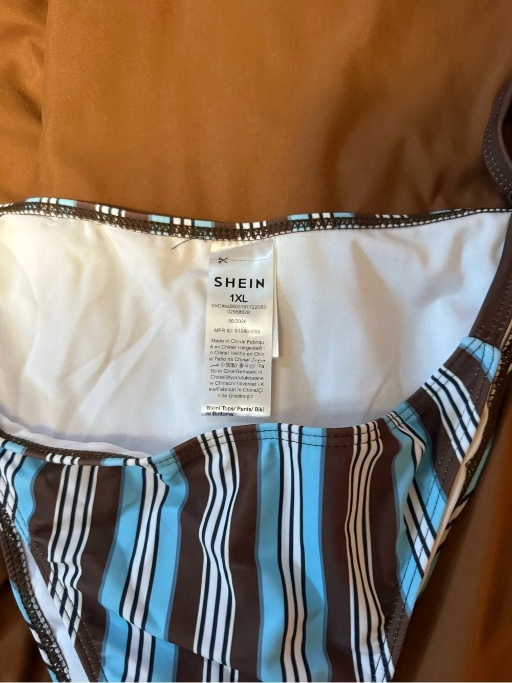 SHEIN blue, brown, and white vertically striped tie bikini bottoms Size 1XL